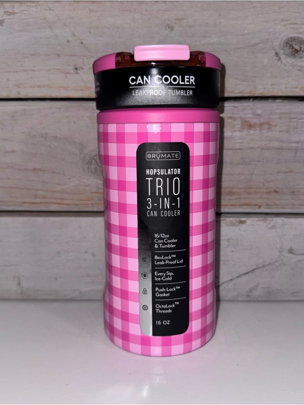 Brumate Hopsulator Trio Can Cooler Tumbler PINK GINGHAM Limited Edition 12/16oz